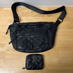 Joan & David Puffer Nylon Wave Quilted Travel Sling Pouch black With Coin Purse
